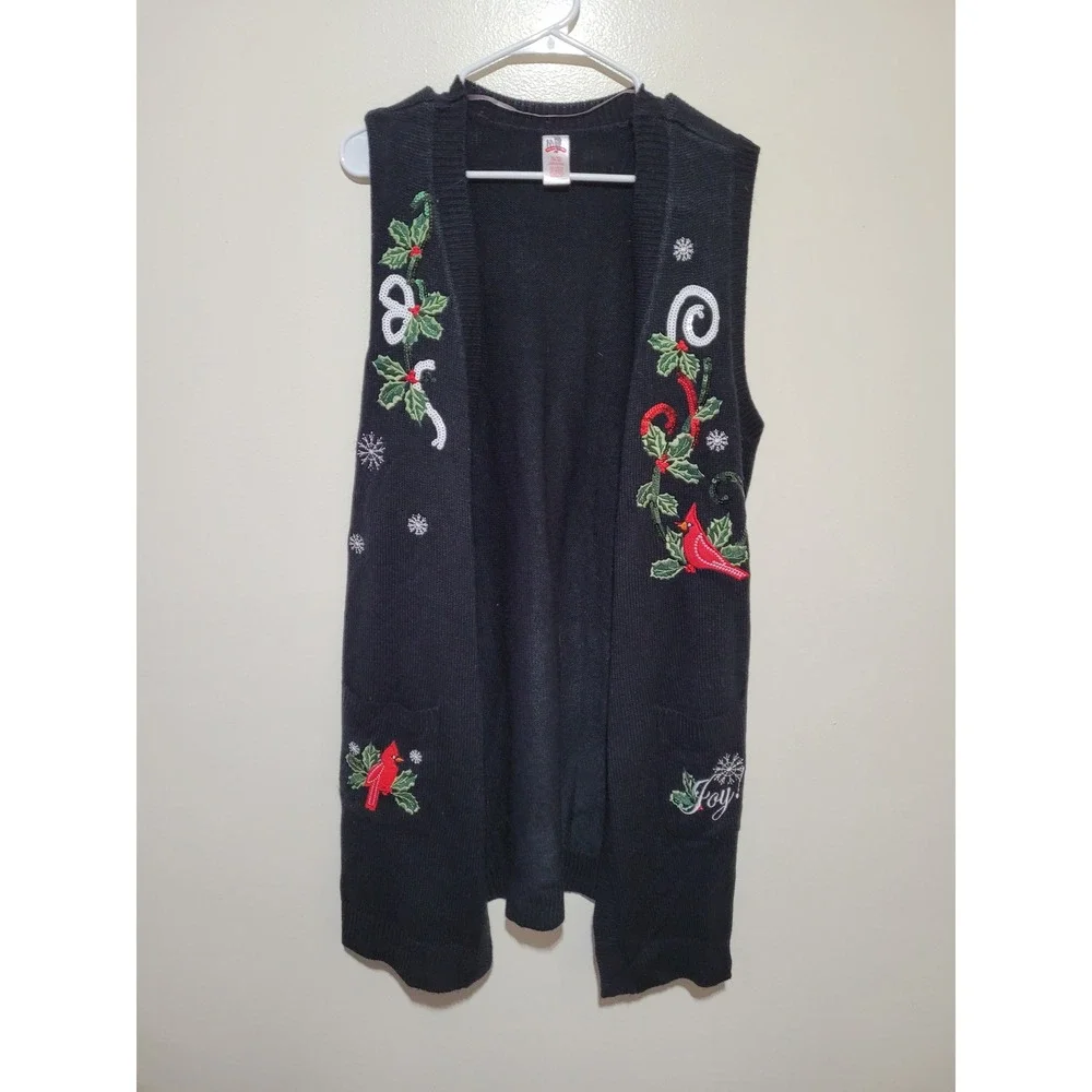 Tiara International Christmas Sweater‎ Vest Women XL Black Cardinal Joy